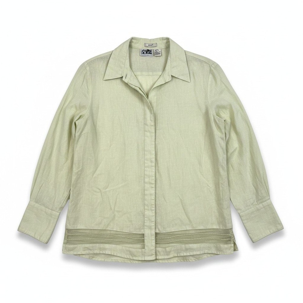 Edward Button Down Shirt XL Green Irish Linen Sheer Trim Coastal Grandmother